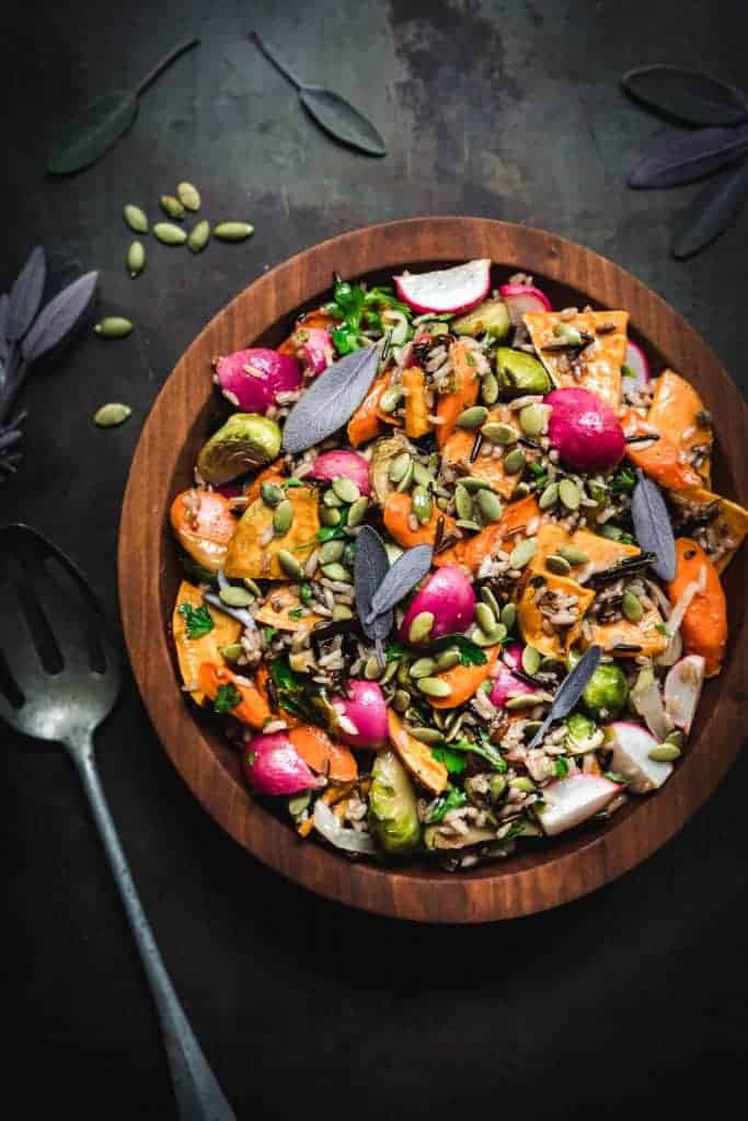 overhead of fall harvest salad with wild rice and roasted vegetables