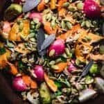 overhead of fall harvest salad with wild rice and roasted vegetables