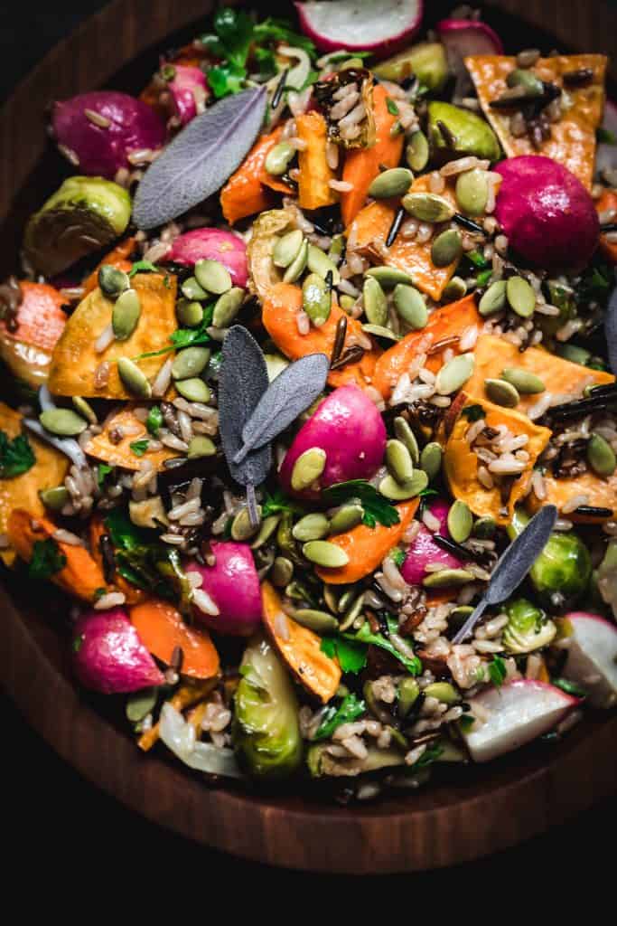 overhead of fall harvest salad with wild rice and roasted vegetables