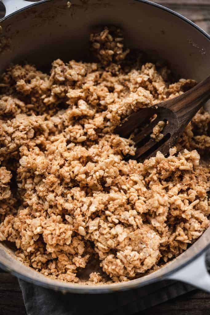 overhead of marshmallow rice krispy mixture for vegan rice krispy treats with peanut butter