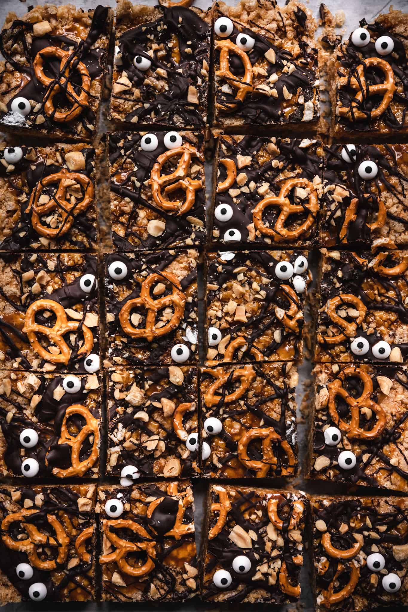 overhead of vegan peanutbutter rice krispy treats in a baking sheet