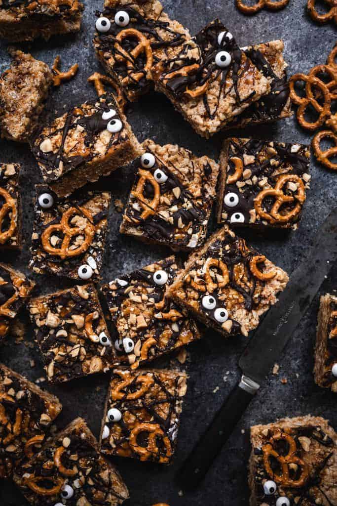 overhead view of vegan halloween chocolate peanut butter rice krispie treats