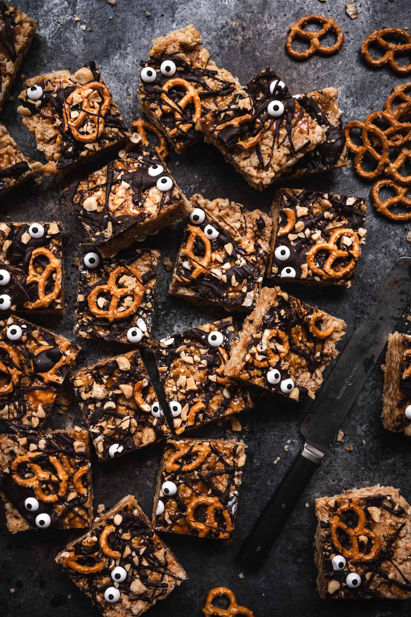 overhead view of vegan halloween chocolate peanut butter rice krispie treats