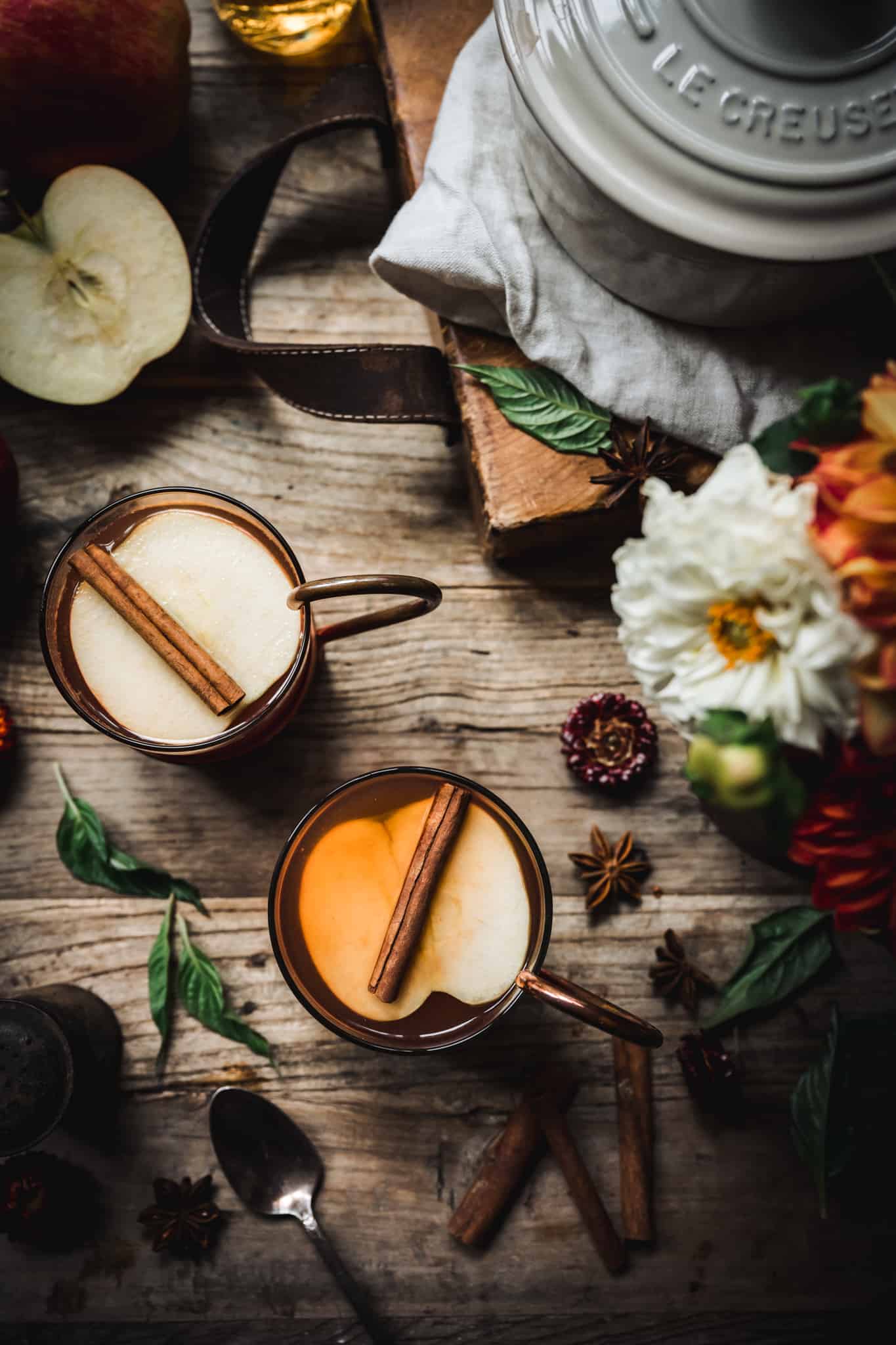 Overhead view of hot apple cider brandy cocktail