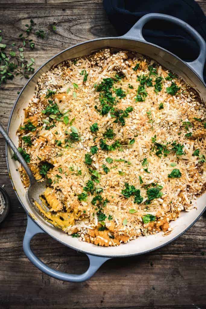 overhead of a full baking dish with vegan nut free macaroni and cheese