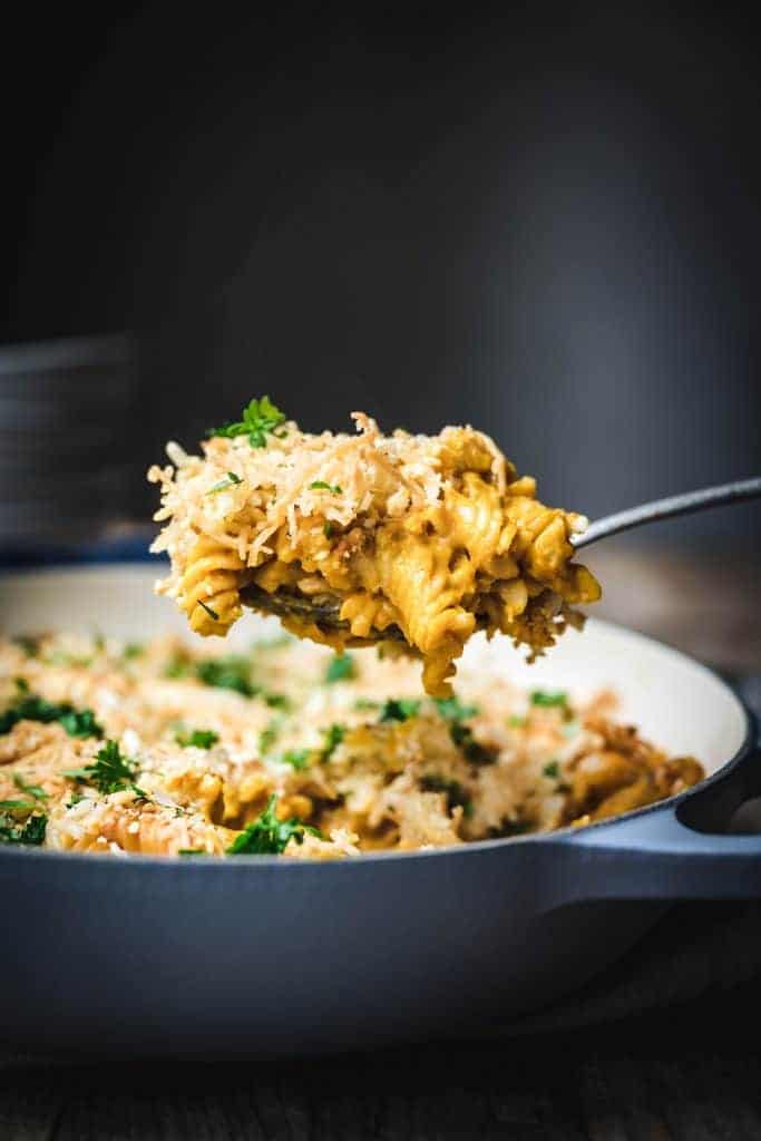 close up of a bite of vegan nut free mac and cheese on a spoon