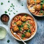 Lentil meatballs in a bowl from above.