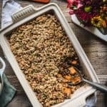 overhead view of healthy vegan sweet potato casserole with granola topping