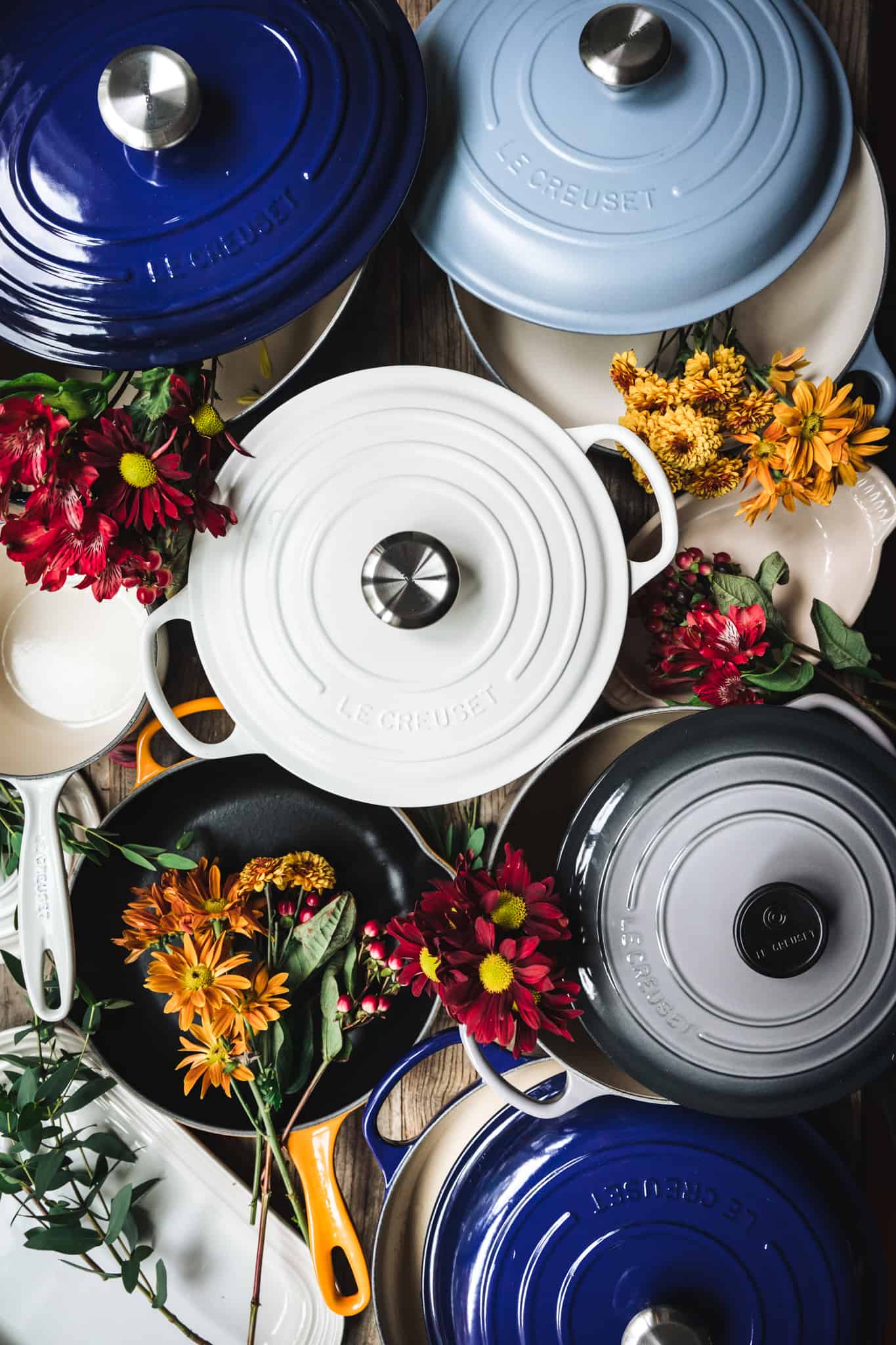 overhead view of an assortment of Le Creuset cookware