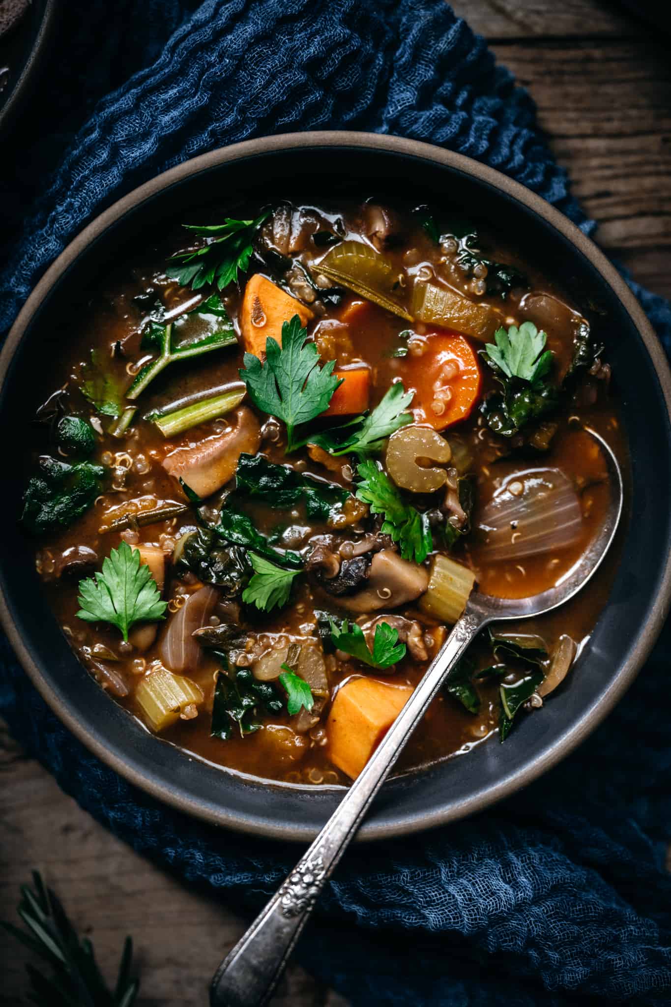 close up overhead view of mushroom quinoa vegetable stew