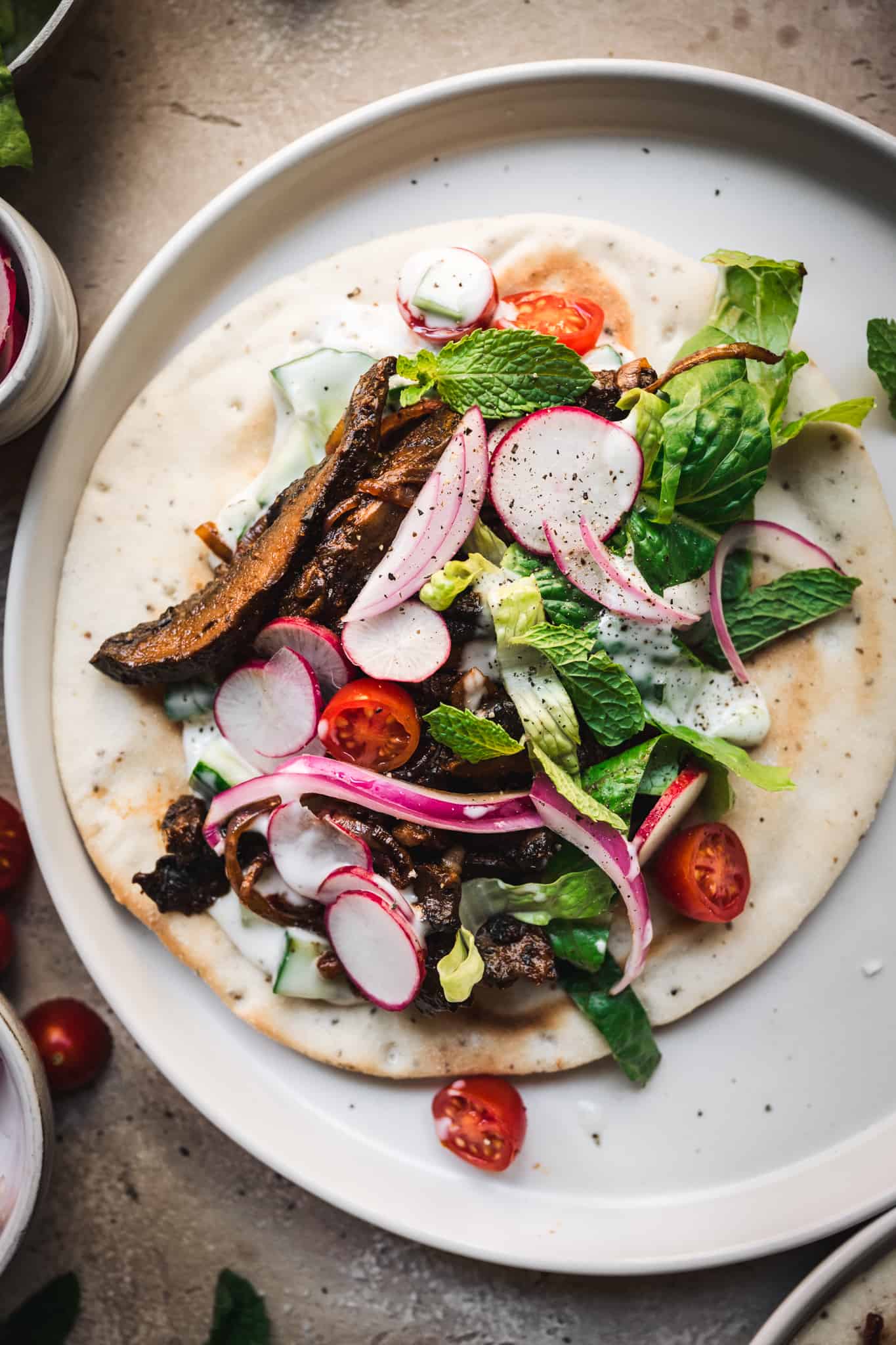 close up view of vegan shawarma on a gluten free pita