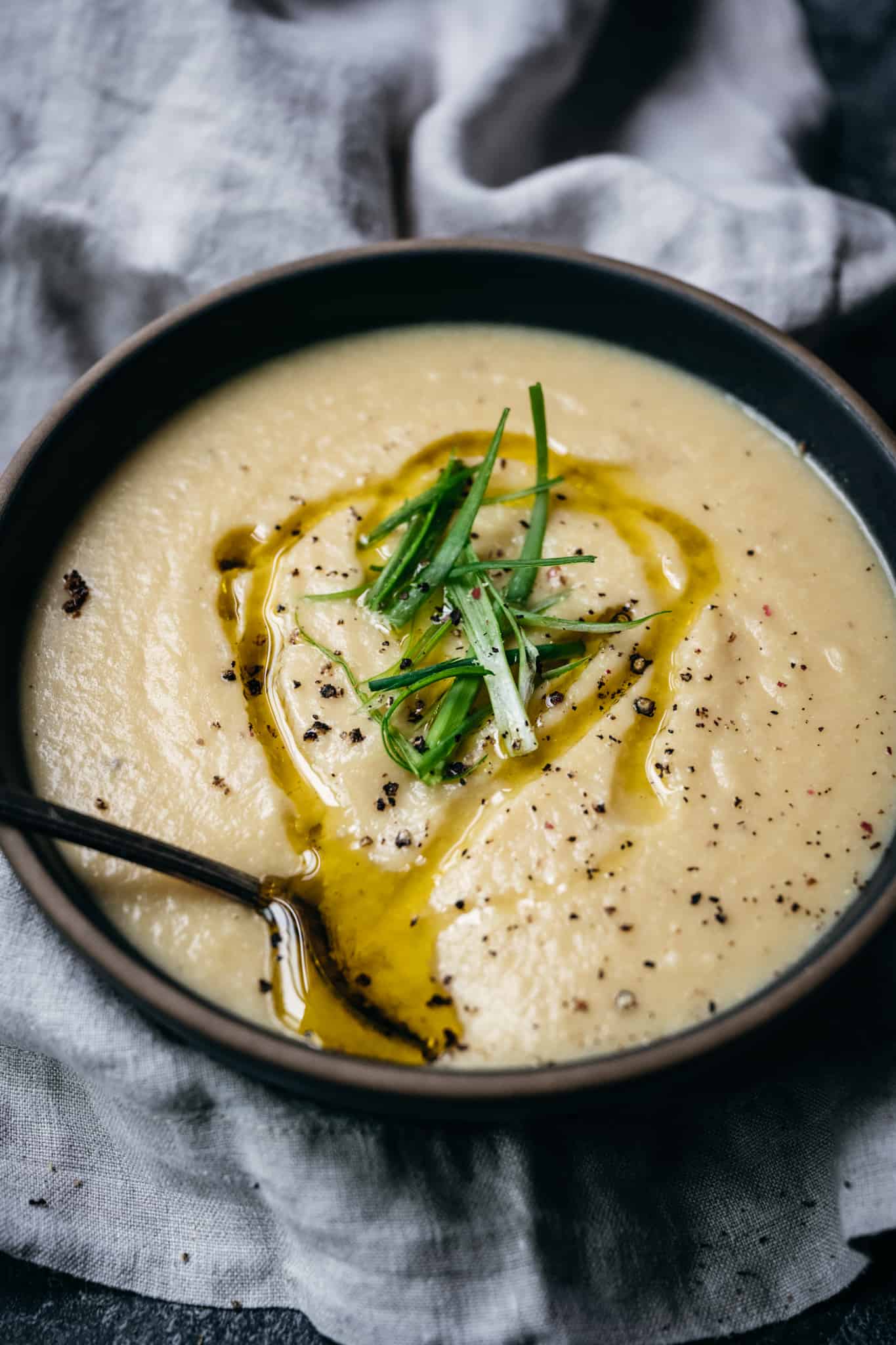 side view of creamy vegan cauliflower soup