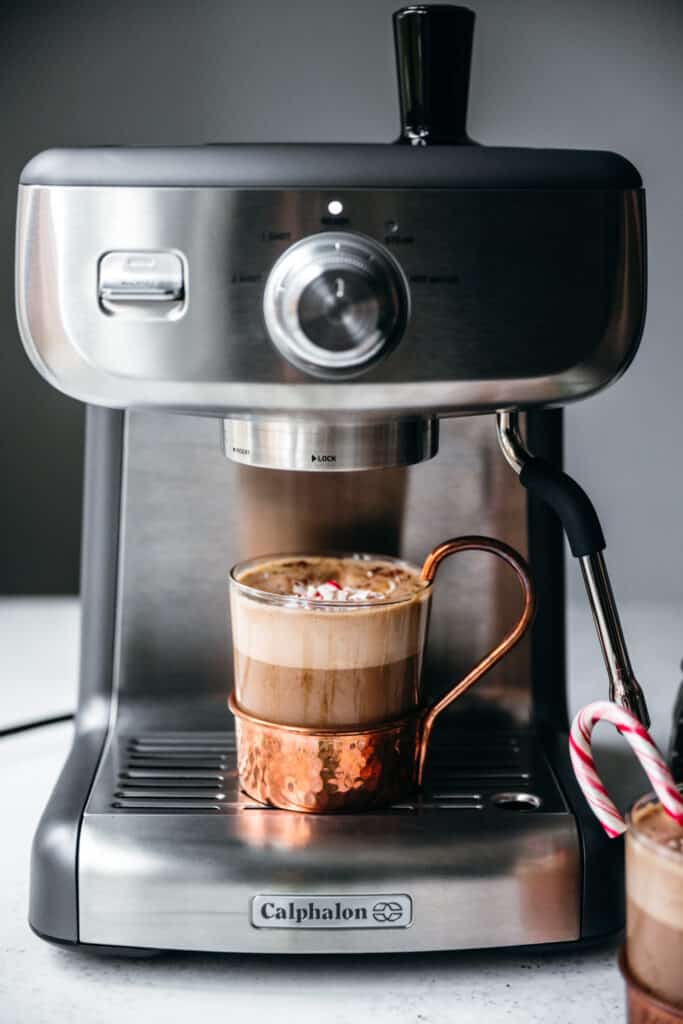 close up view of Calphalon espresso machine with peppermint mocha