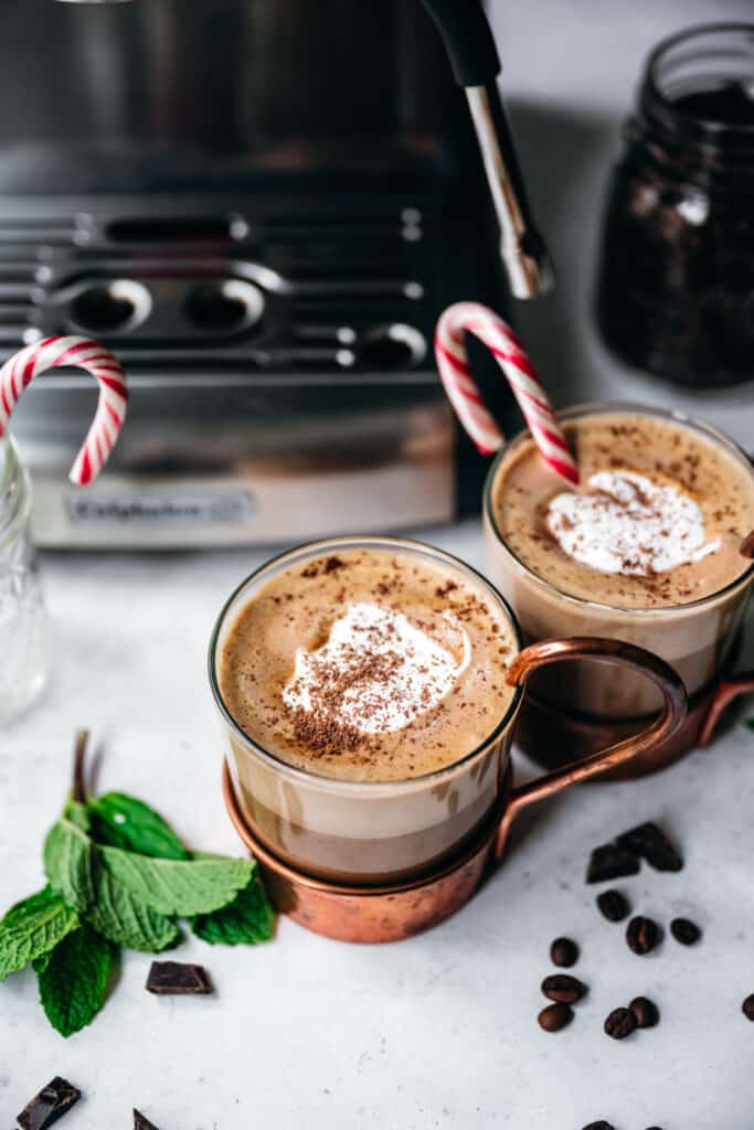 Vegan peppermint mochas topped with whipped cream