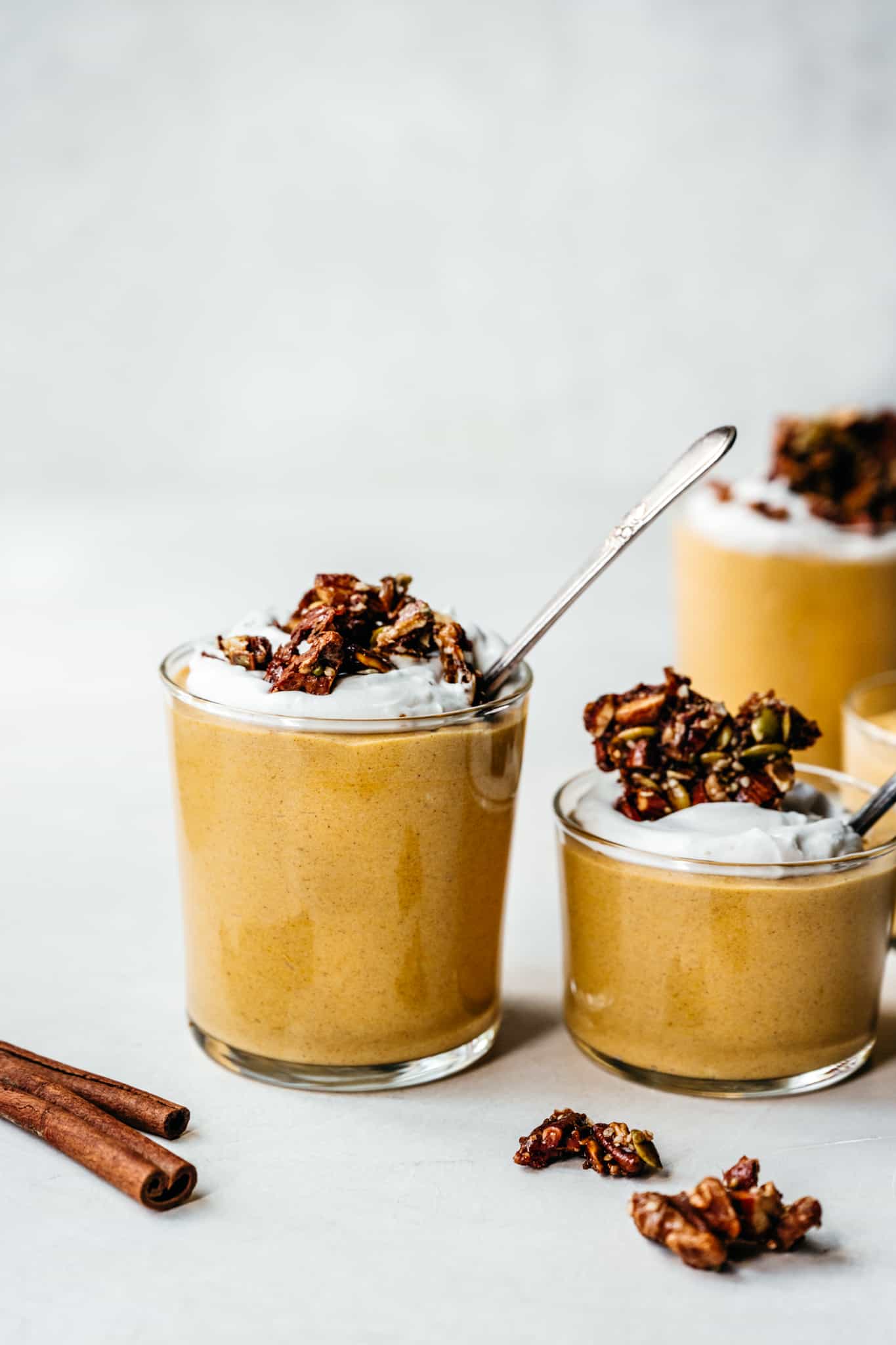 side view of dairy free pumpkin mousse with maple nut brittle