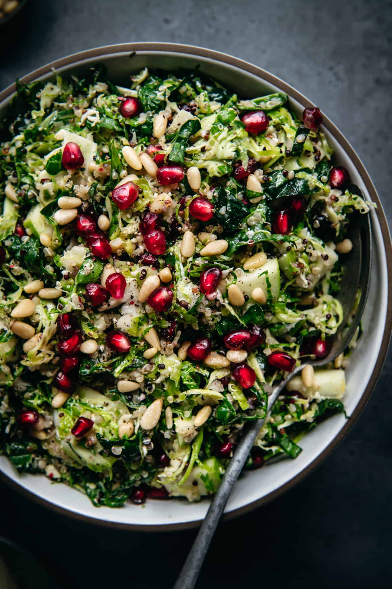 close up of shaved brussel sprout salad topped with pomegranate seeds and cranberries in a bowl