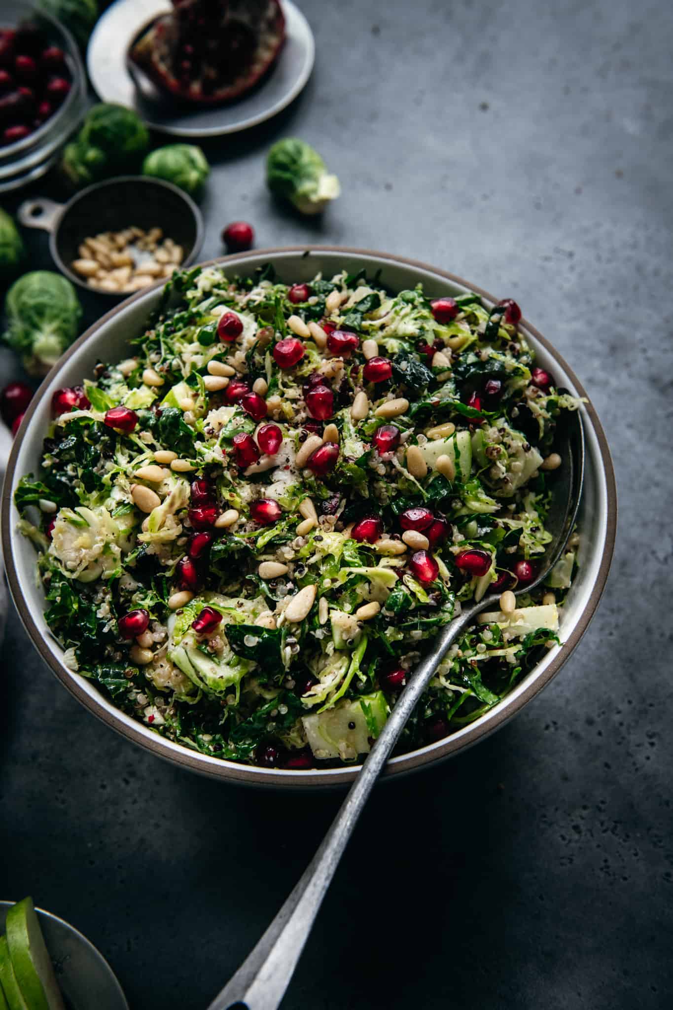 45 degree overhead of a bowl with shaved brussels sprout salad