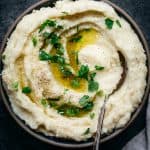 overhead view of vegan roasted garlic and parmesan mashed potatoes