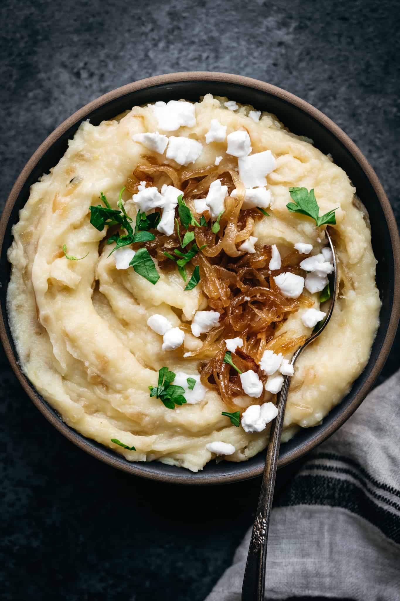 overhead view of caramelized onion and feta mashed potatoes