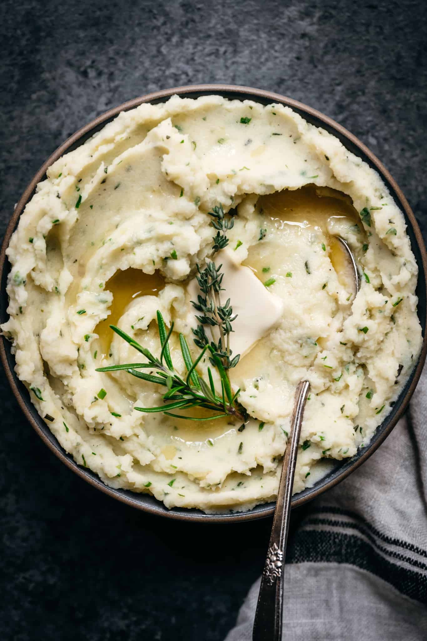 overhead view of herby vegan mashed potatoes