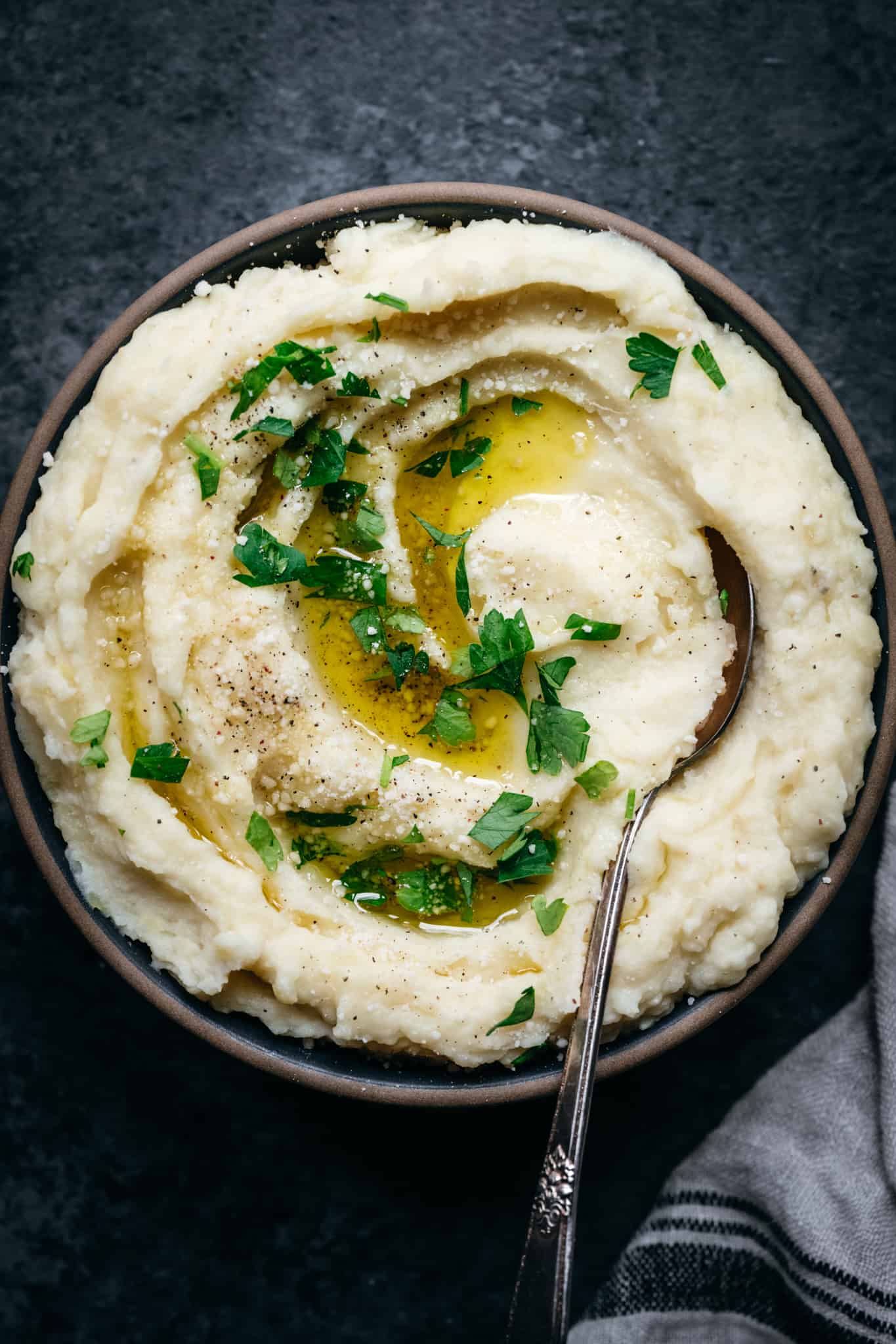 overhead view of vegan roasted garlic and parmesan mashed potatoes