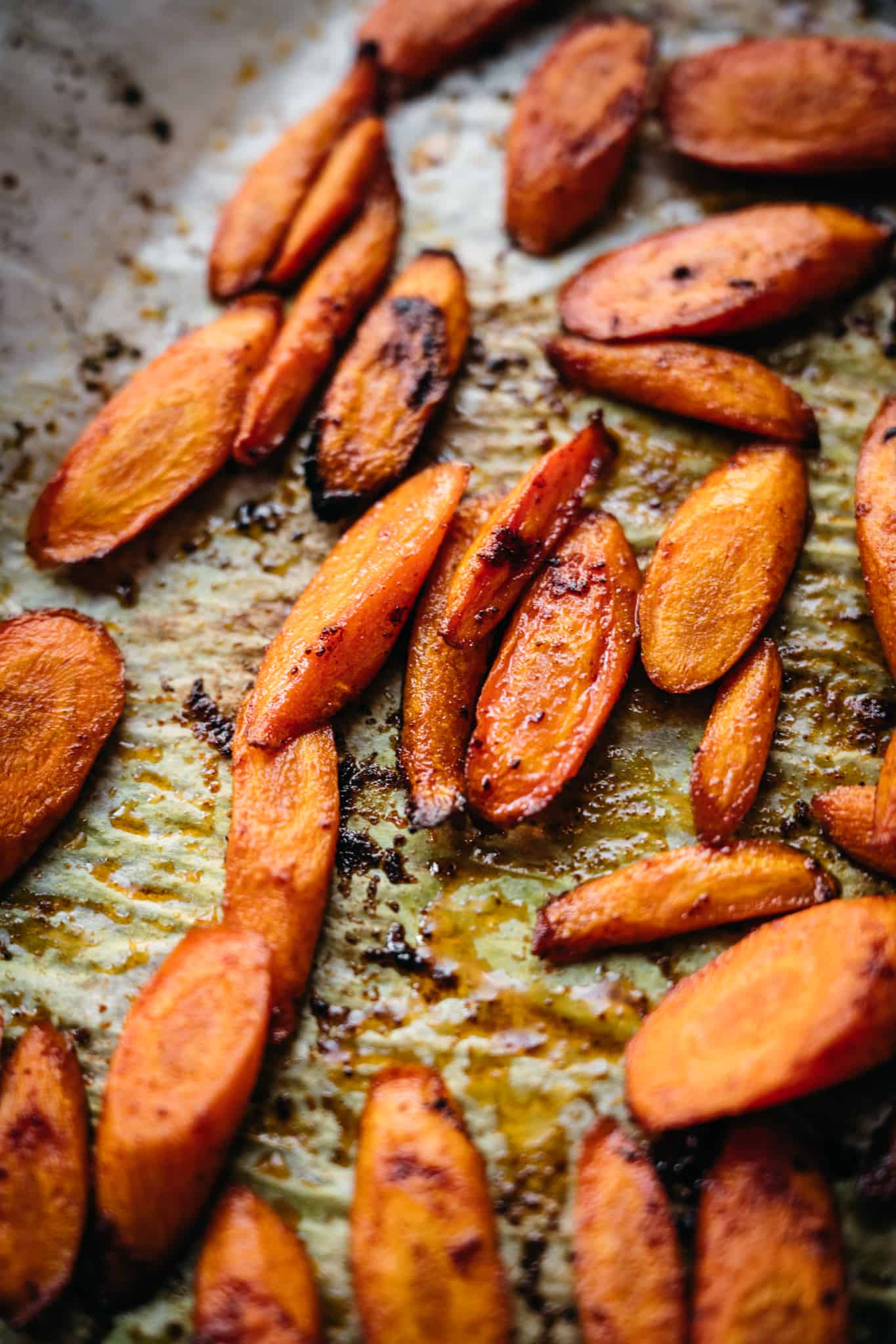 close up side view of moroccan spiced carrots after roasting