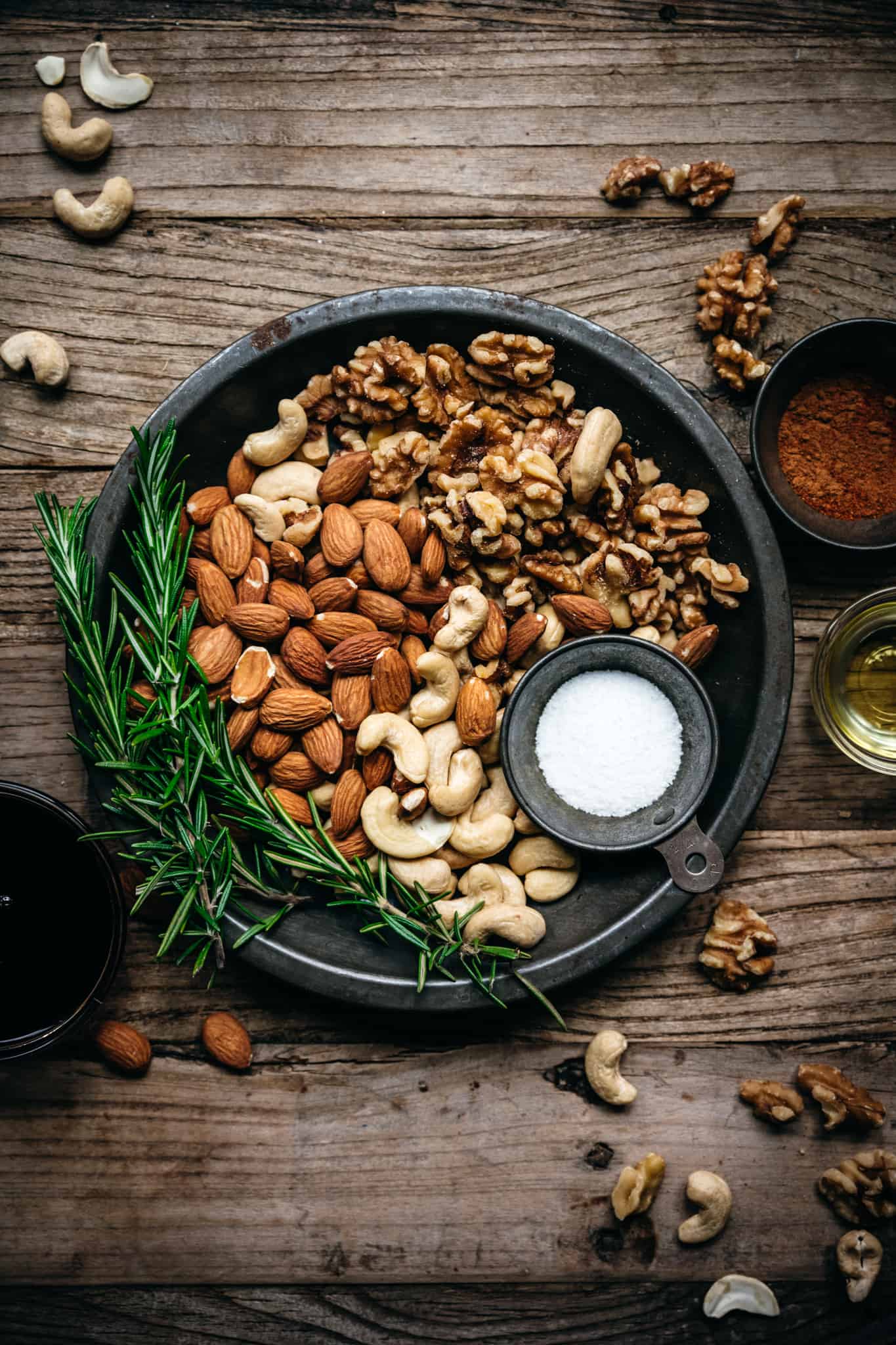 overhead of raw nuts before they're cooked for vegan spiced nuts