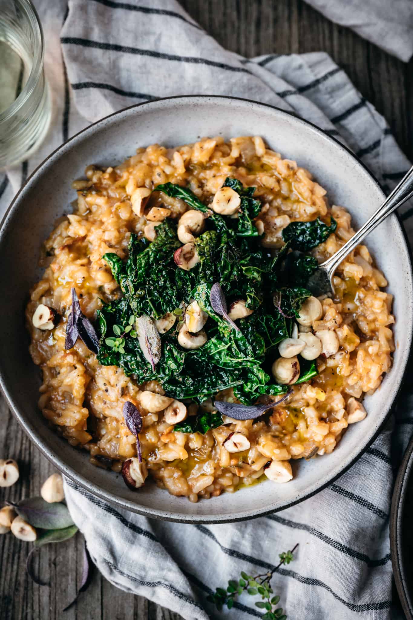 close up overhead view of vegan sweet potato risotto in a bowl