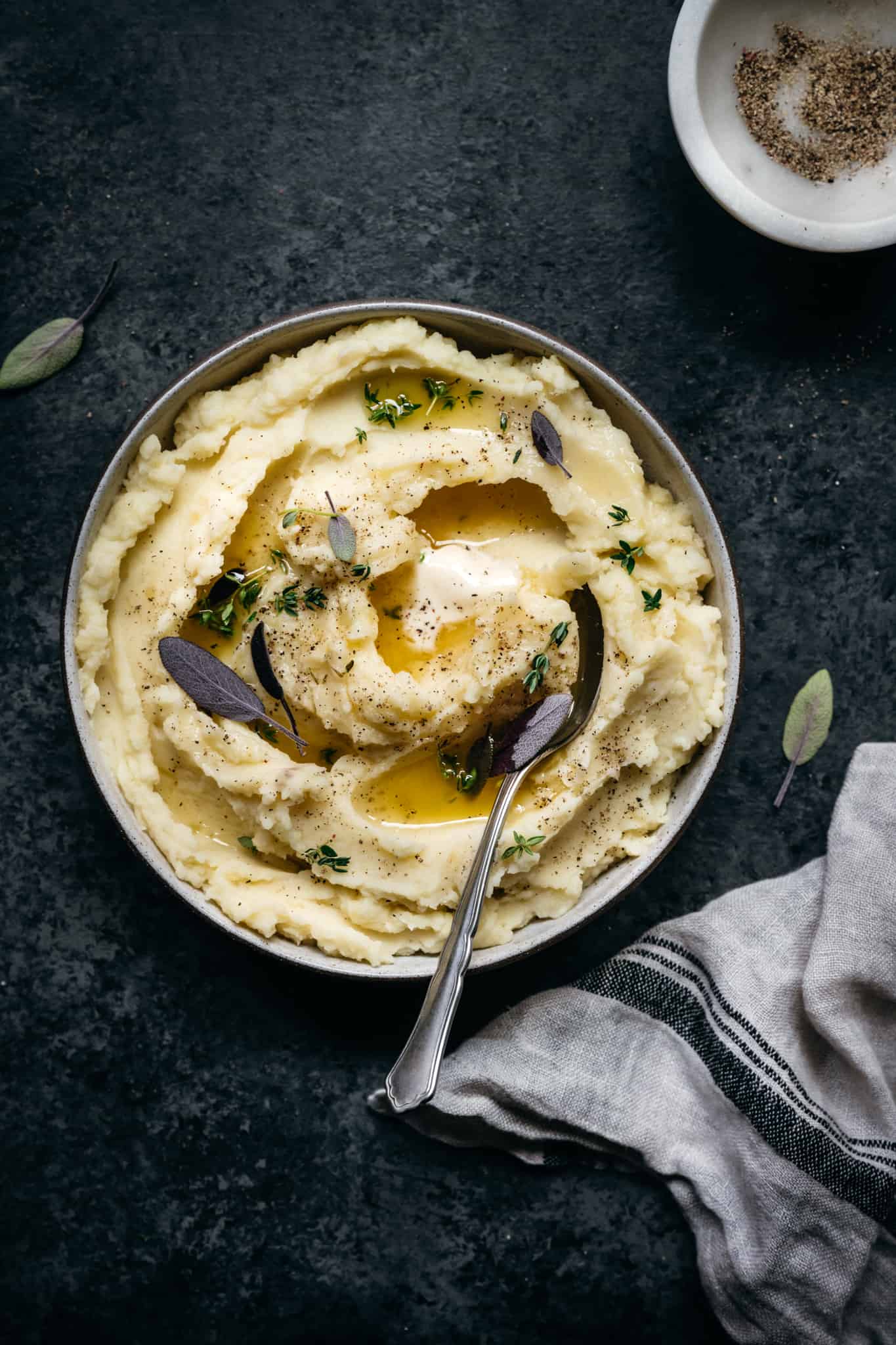 overhead view of the best vegan mashed potatoes with butter swirl