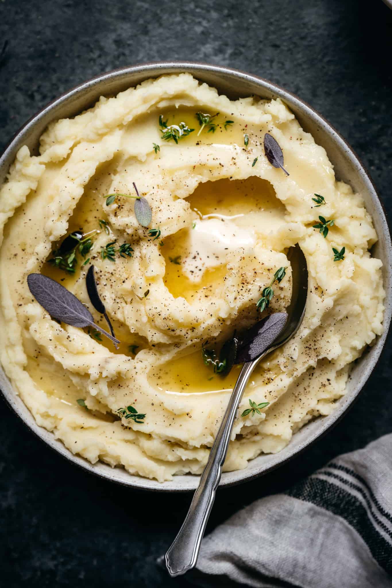 close up view of the best creamy vegan mashed potatoes with dairy free butter