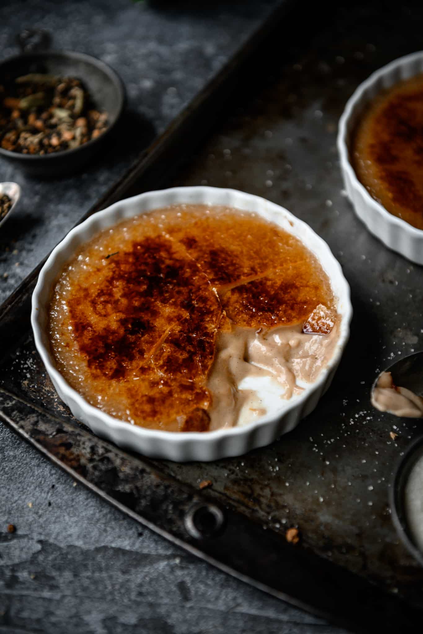 close up side view of vegan creme brulee