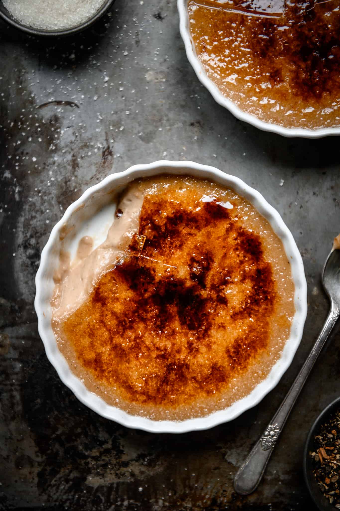 close up overhead view of vegan creme brulee 