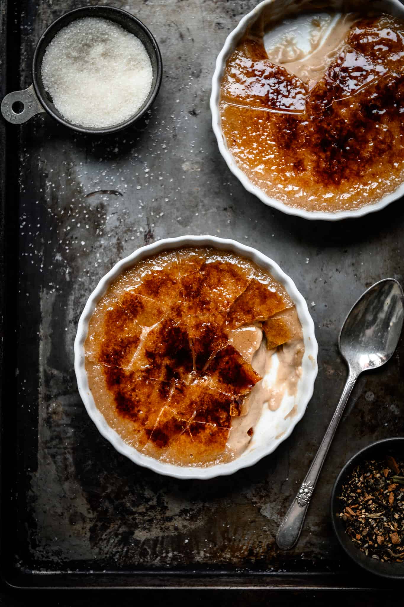 close up overhead view of vegan creme brulee 