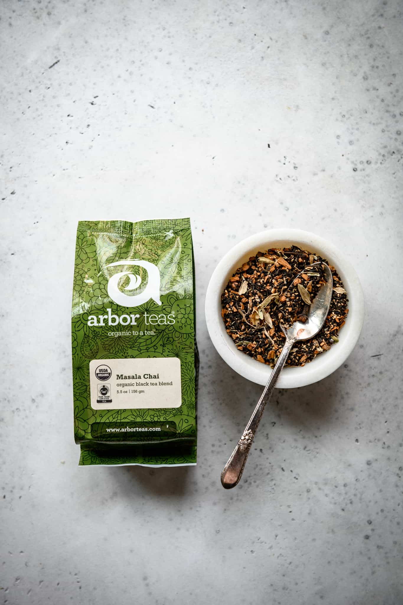 overhead view of Arbor Teas Masala Chai Tea in bag
