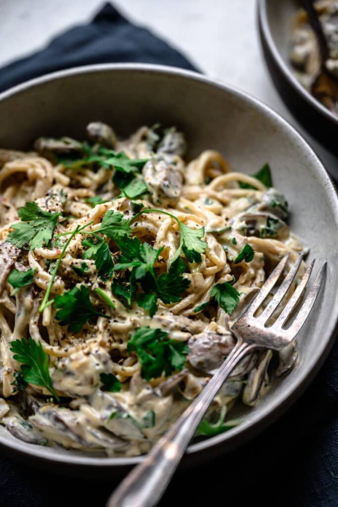 close up side view of vegan mushroom alfredo