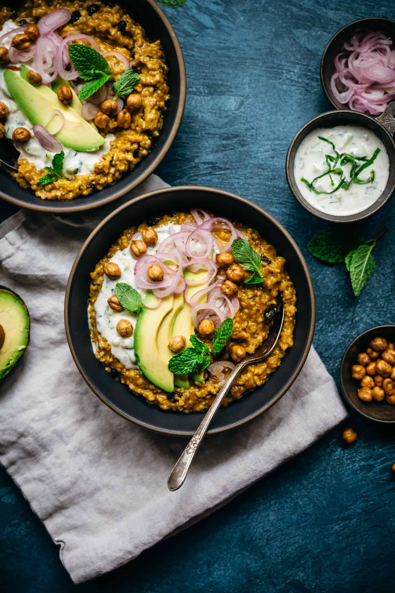 overhead view of savory Indian-spiced steel cut oats