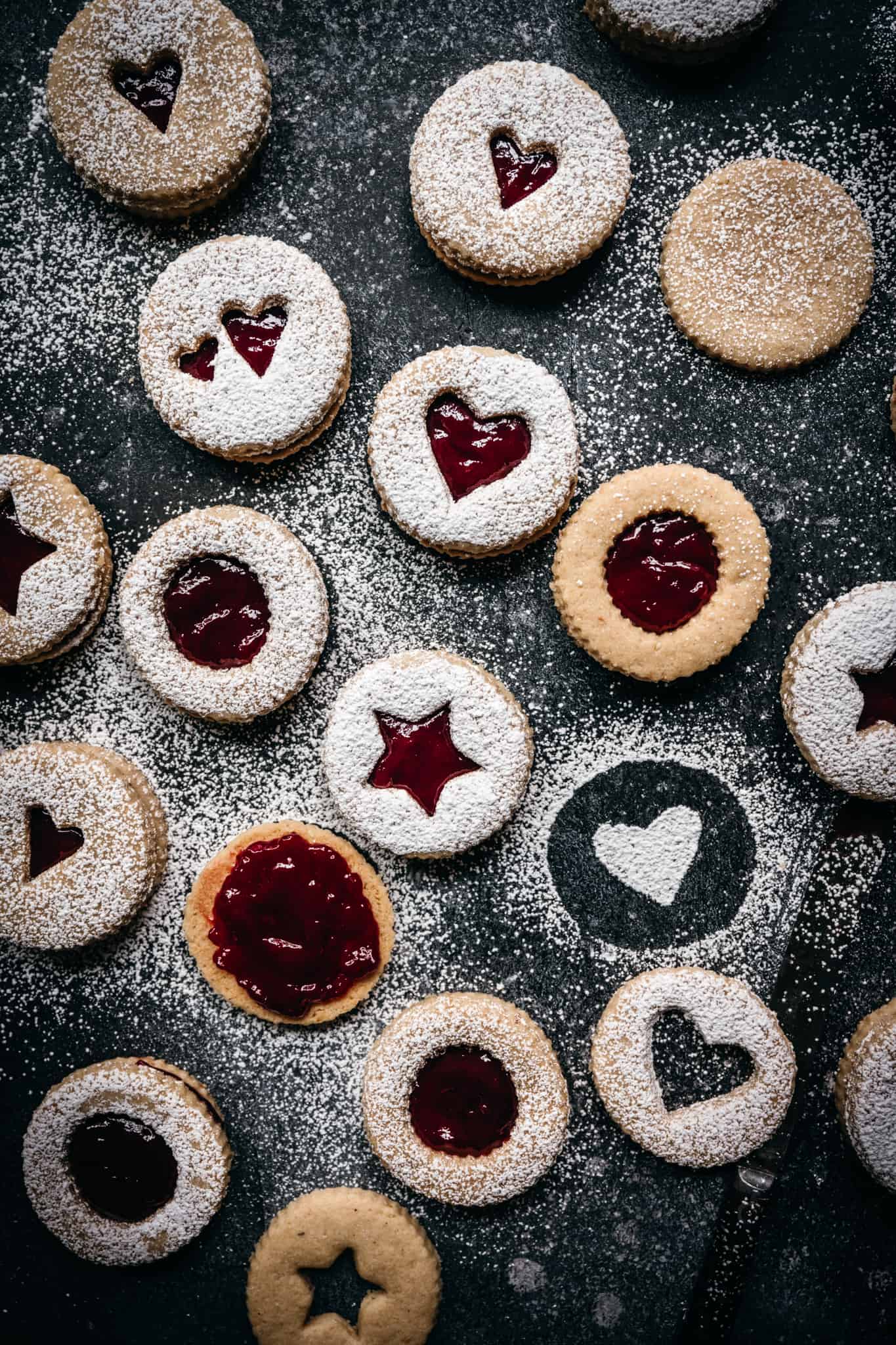 overhead view of gluten free and vegan linzer cookies