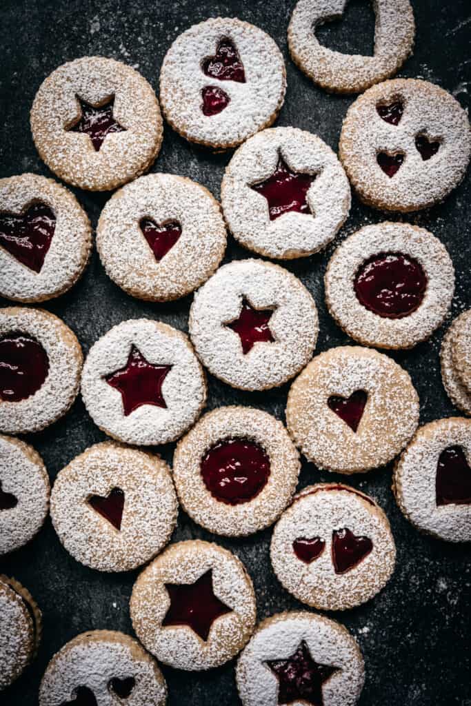 overhead view of gluten free and vegan linzer cookies