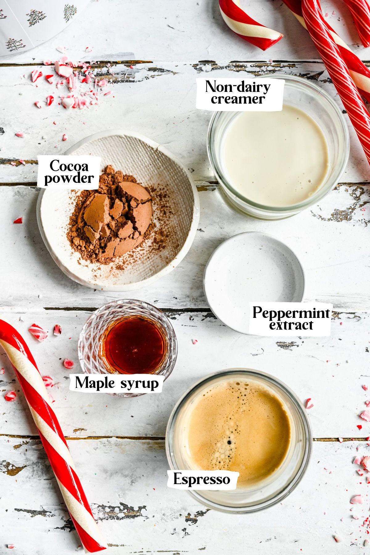 Peppermint mocha ingredients including maple syrup and cocoa powder.