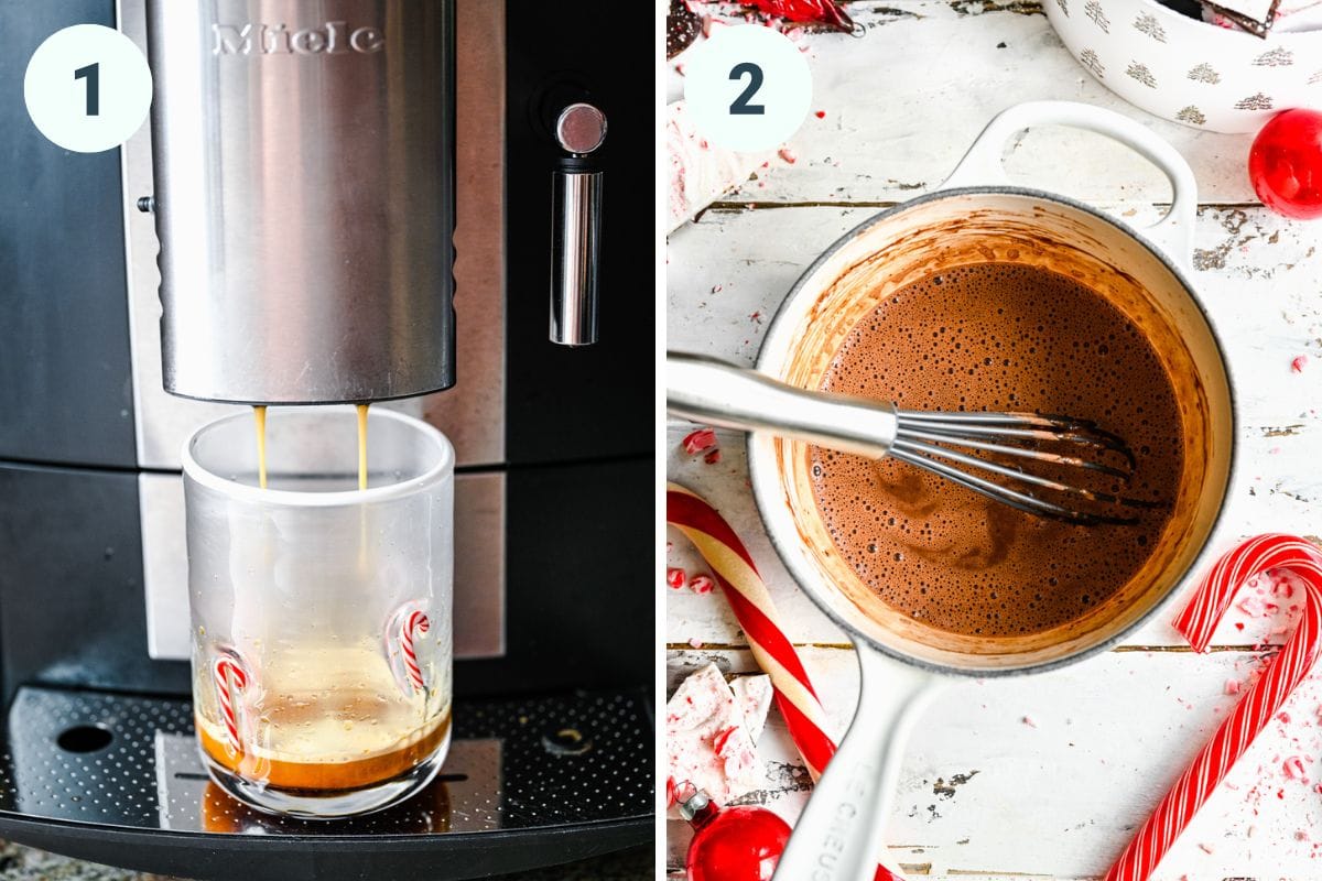 Left: brewing espresso into glass. Right: creamer whisked together in saucepan.