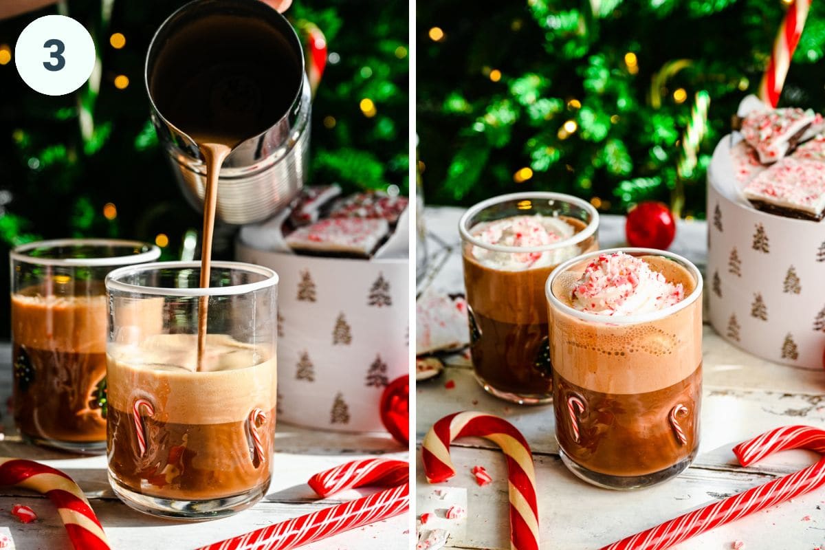 Left: pouring the creamer over the espresso. Right: finished peppermint mochas.