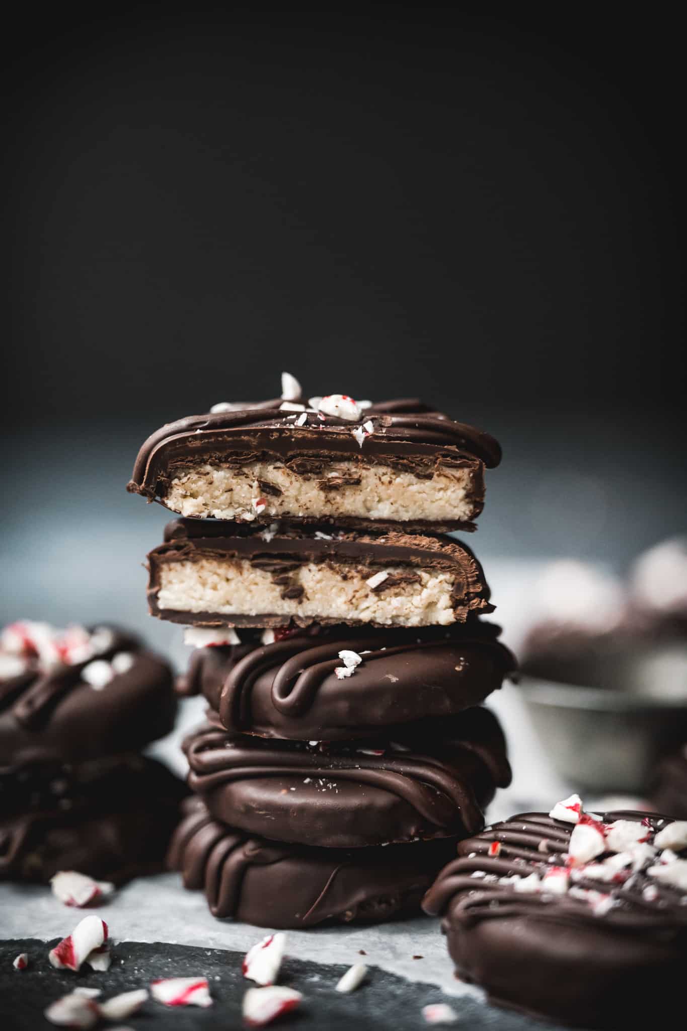 side view of stack of vegan peppermint patties
