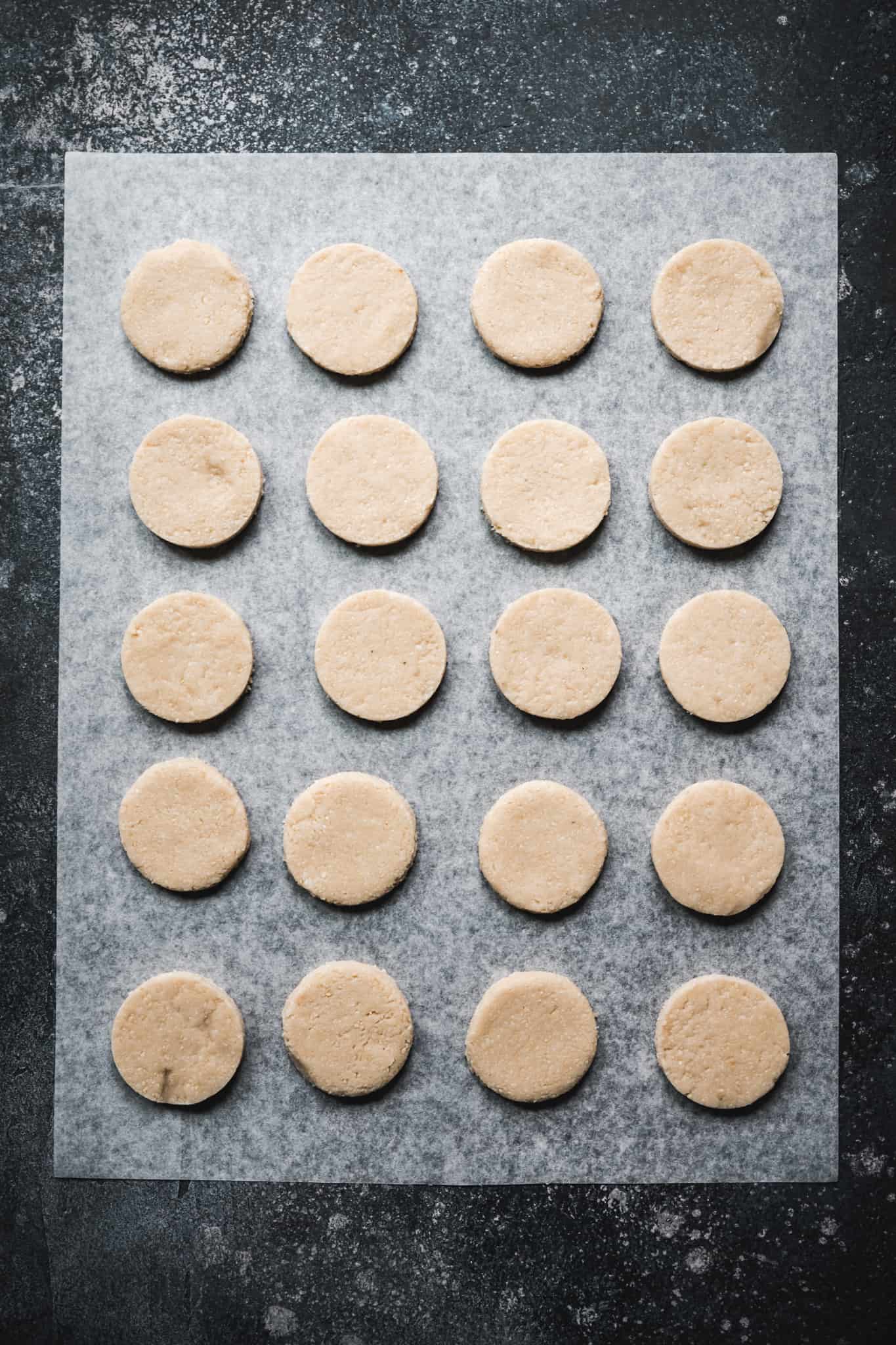 overhead view of circular peppermint patties on parchment paper