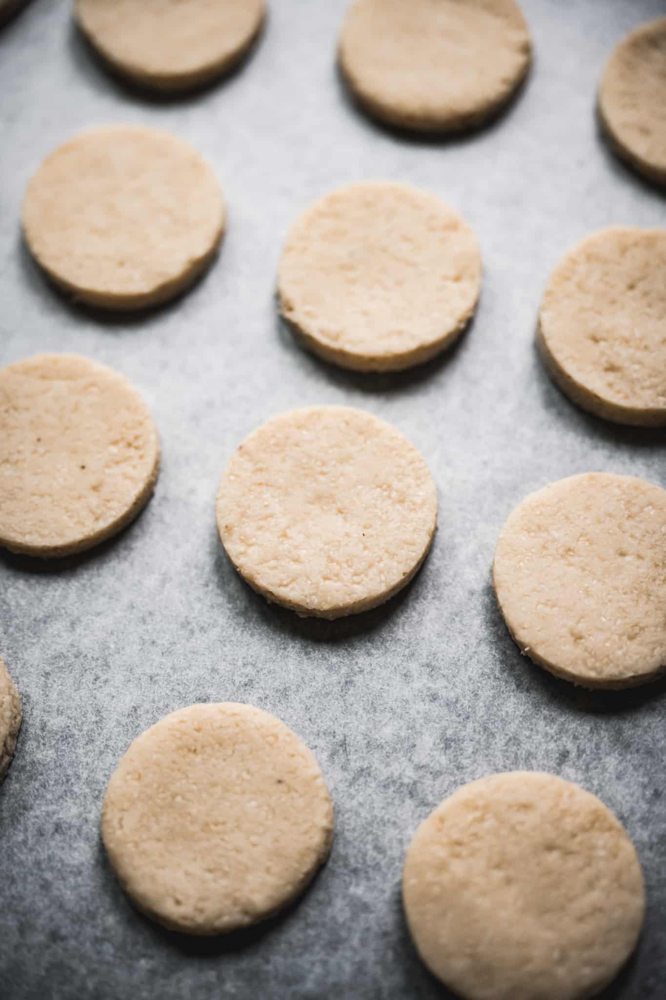 side view of peppermint patties before being coated in chocolate