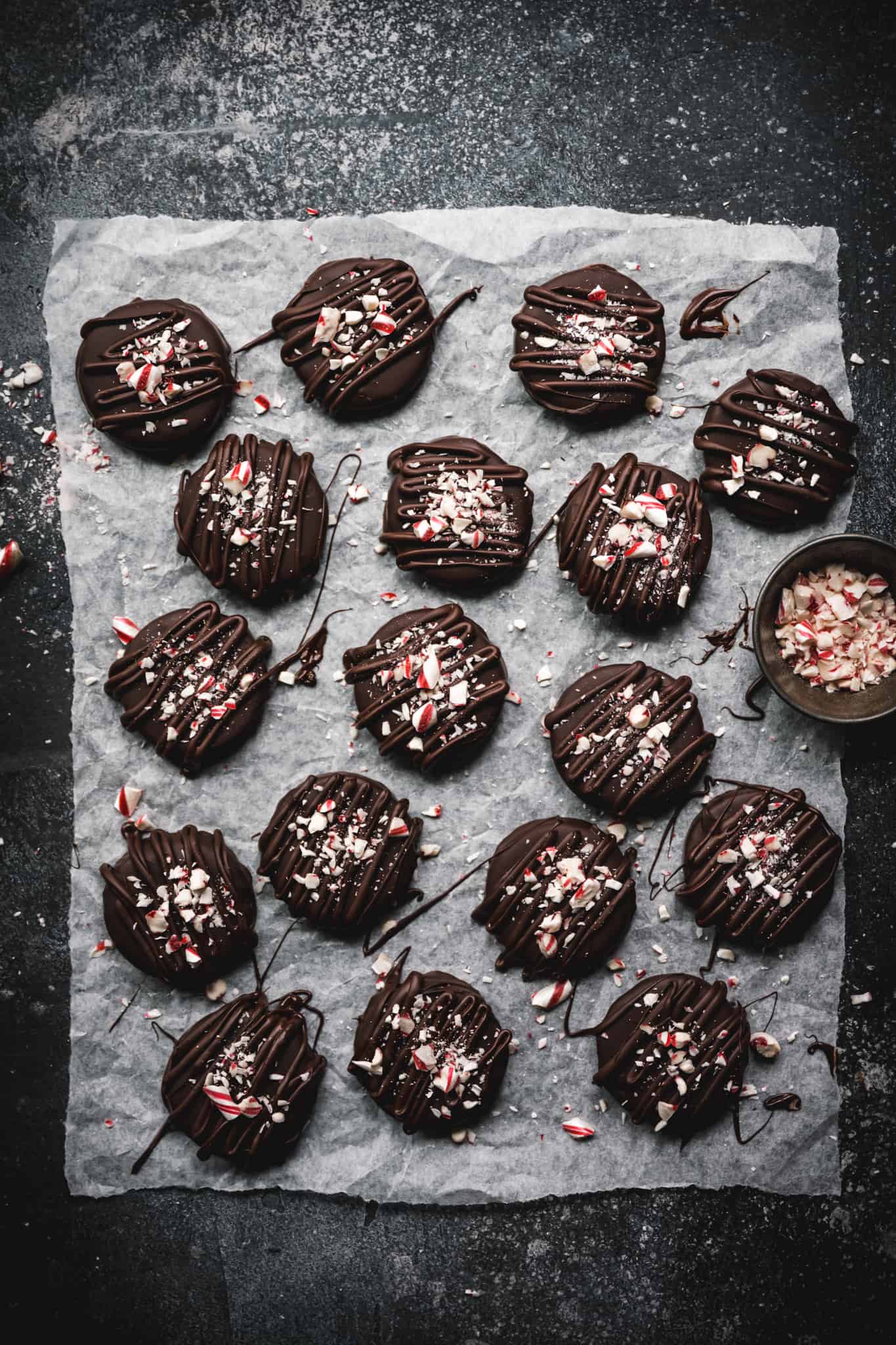 overhead view of peppermint patties on parchment paper