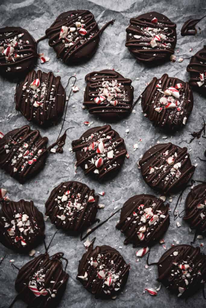 overhead view of vegan peppermint patties with dark chocolate