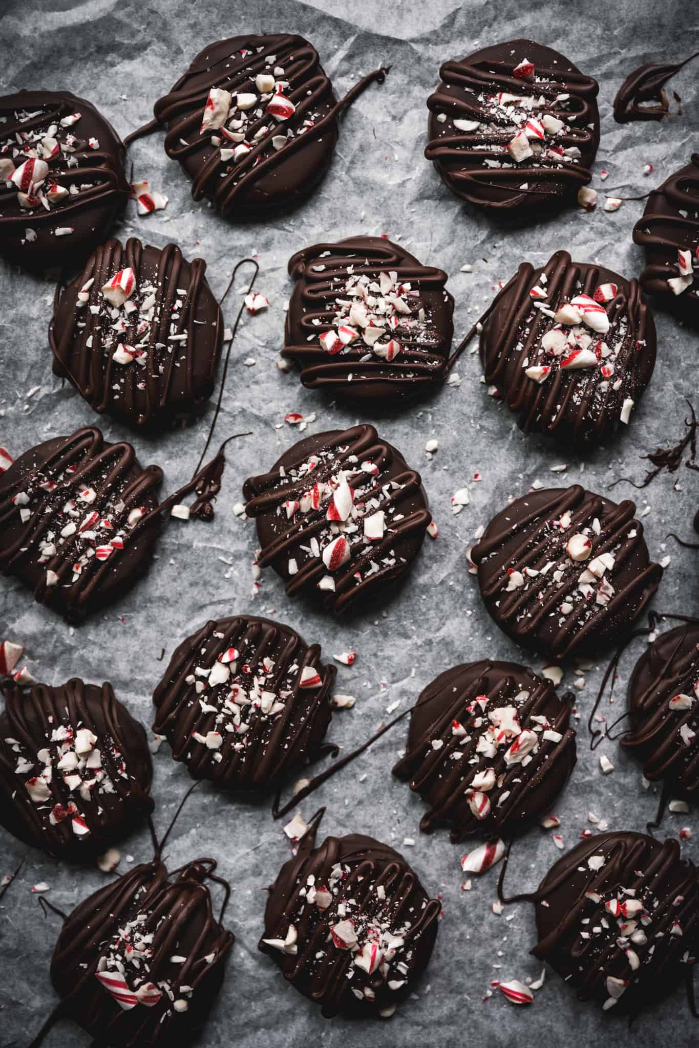 overhead view of vegan peppermint patties with dark chocolate 