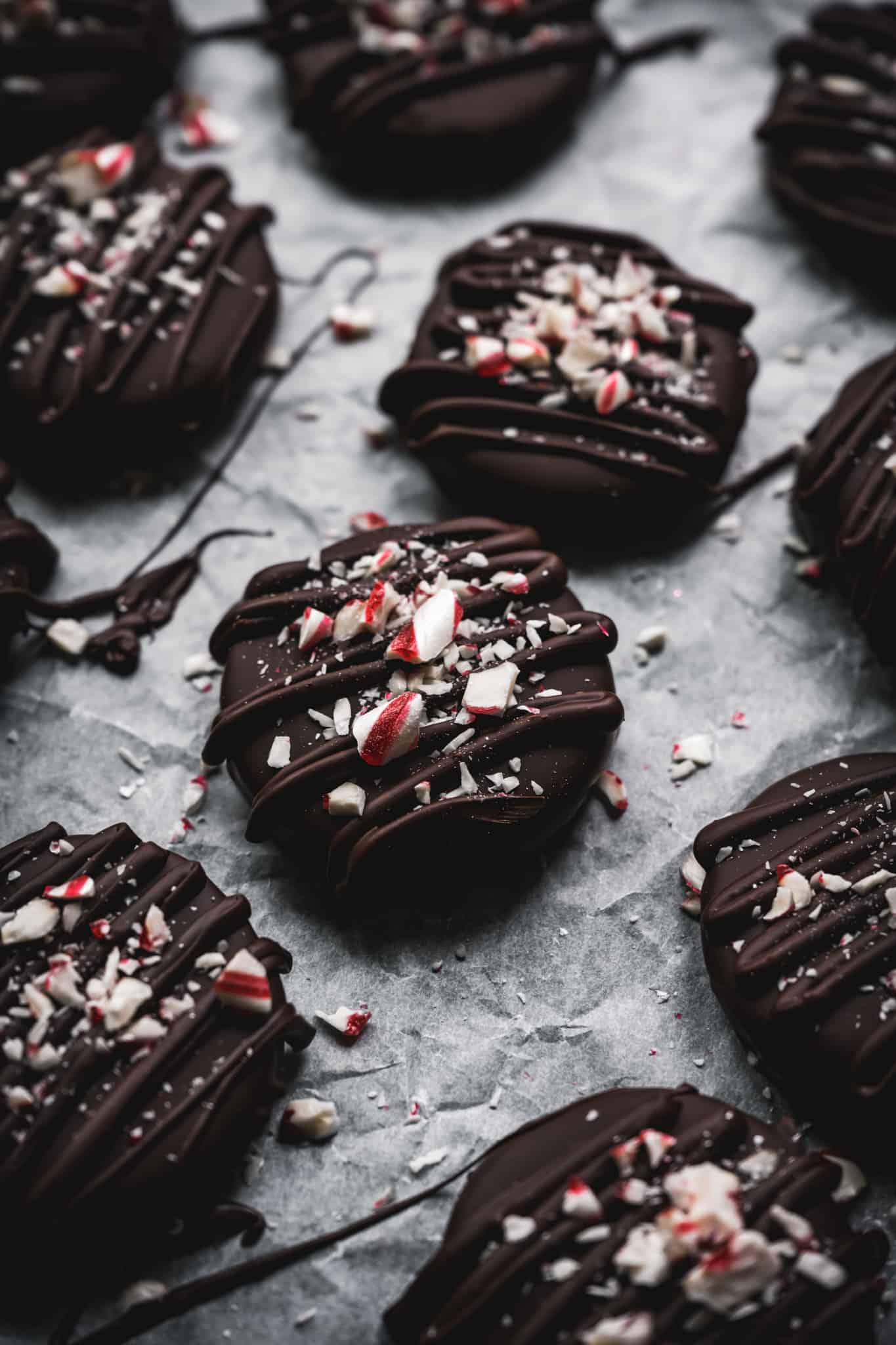 side view of chocolate covered peppermint patties