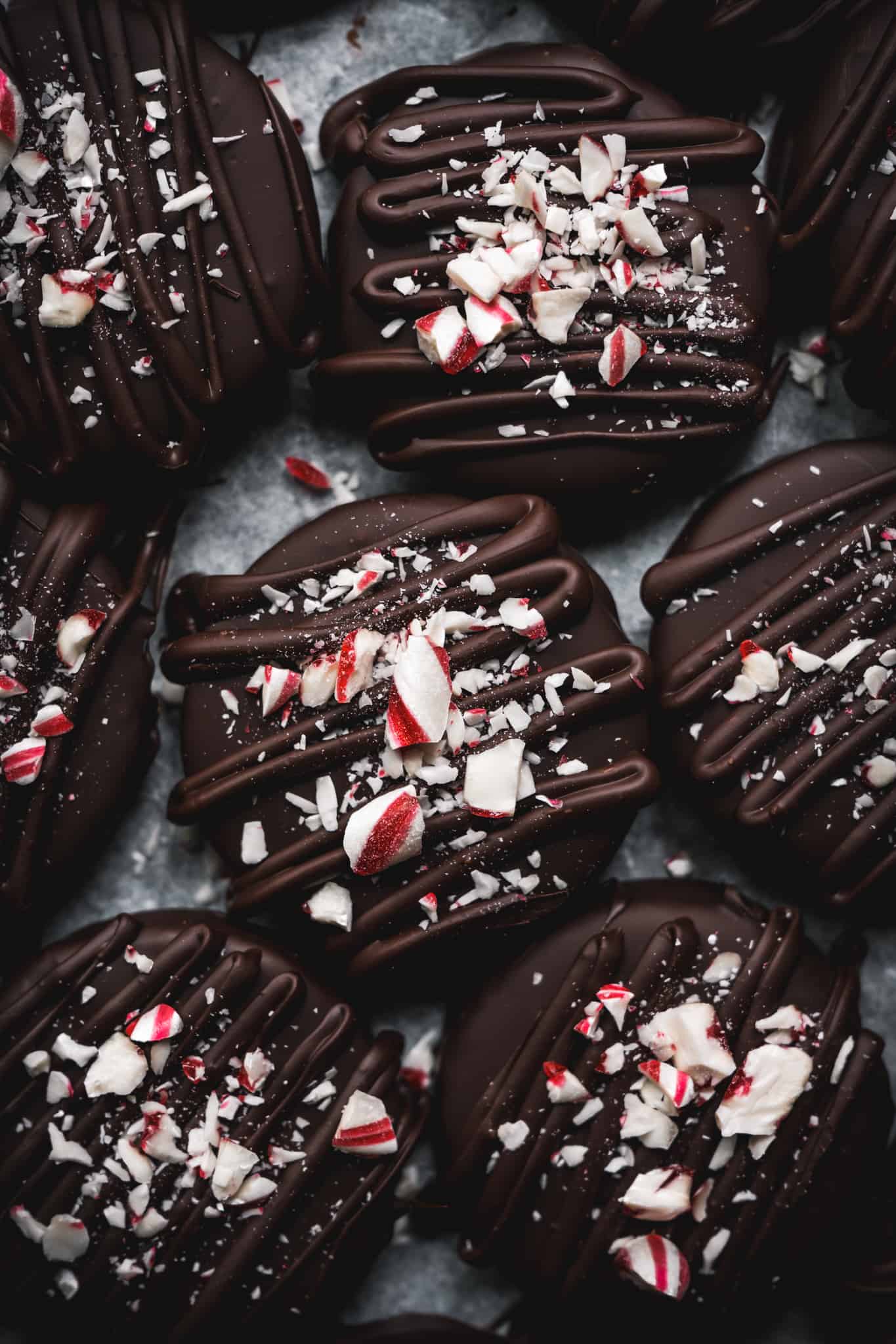 close up overhead of chocolate covered peppermint patties