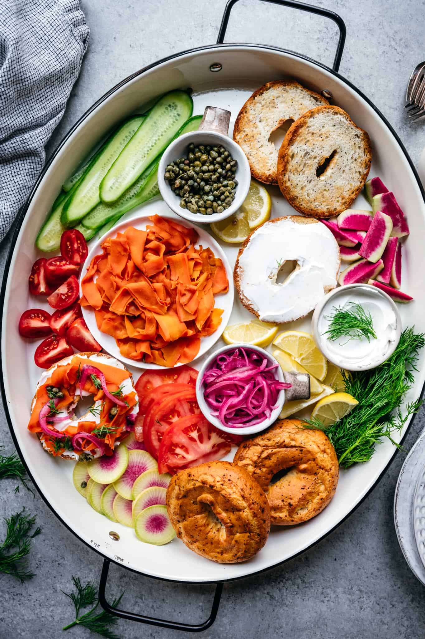 overhead of a platter with vegan carrot lox for brunch